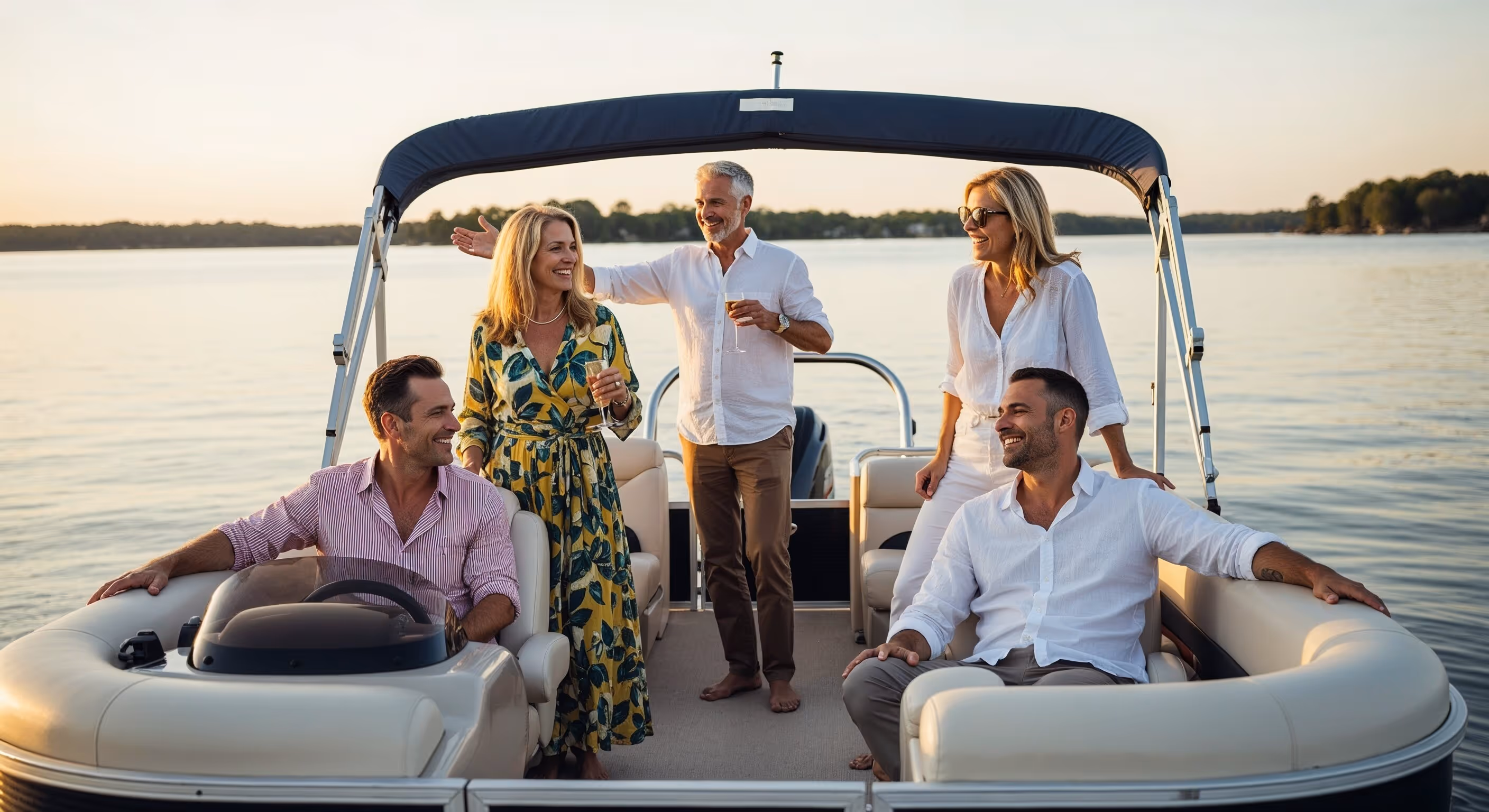 Two Canadian couples on a pontoon boat at sunset, celebrating freedom after replacing rental properties with passive private real estate investments.