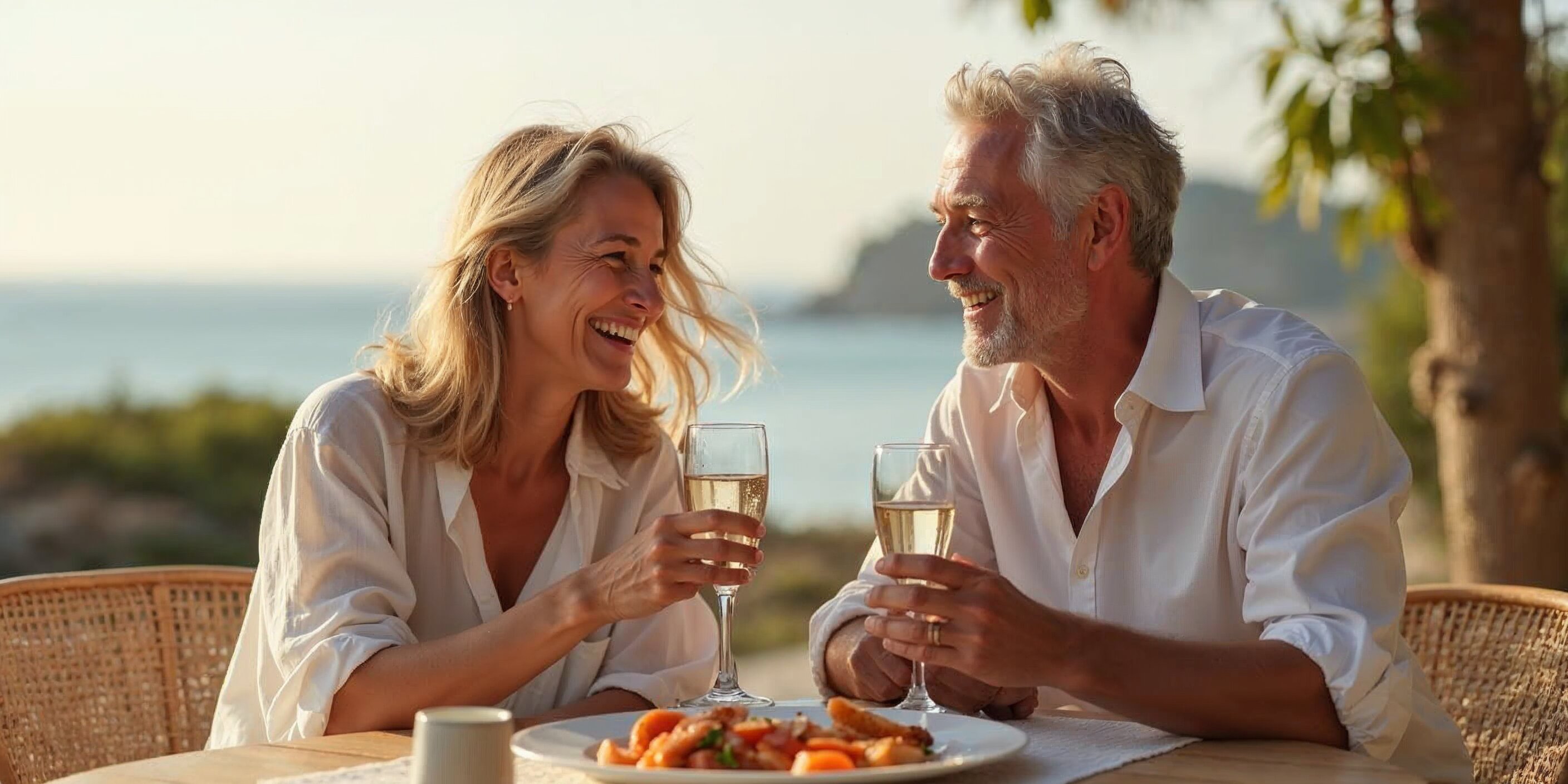 Successful 50s couple celebrating freedom after a discovering private investments—symbolizing relief after leaving volatile markets for stable private income.