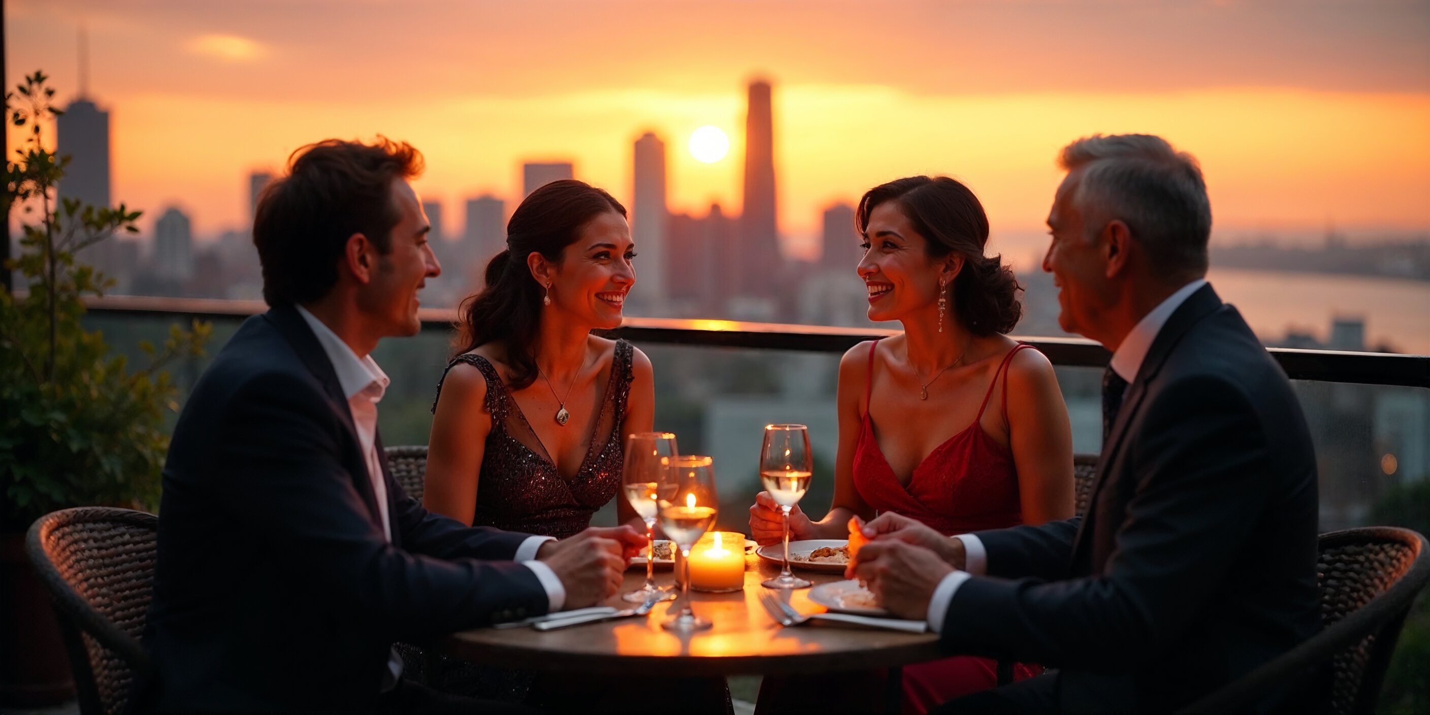 Mixed group of professionals enjoying rooftop patio dinner at sunset with Canadian city skyline, discussing the benefits of private investing over public markets.