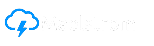 Maelstrom logo featuring a blue lightning cloud with black text, designed for visibility on white or light backgrounds.