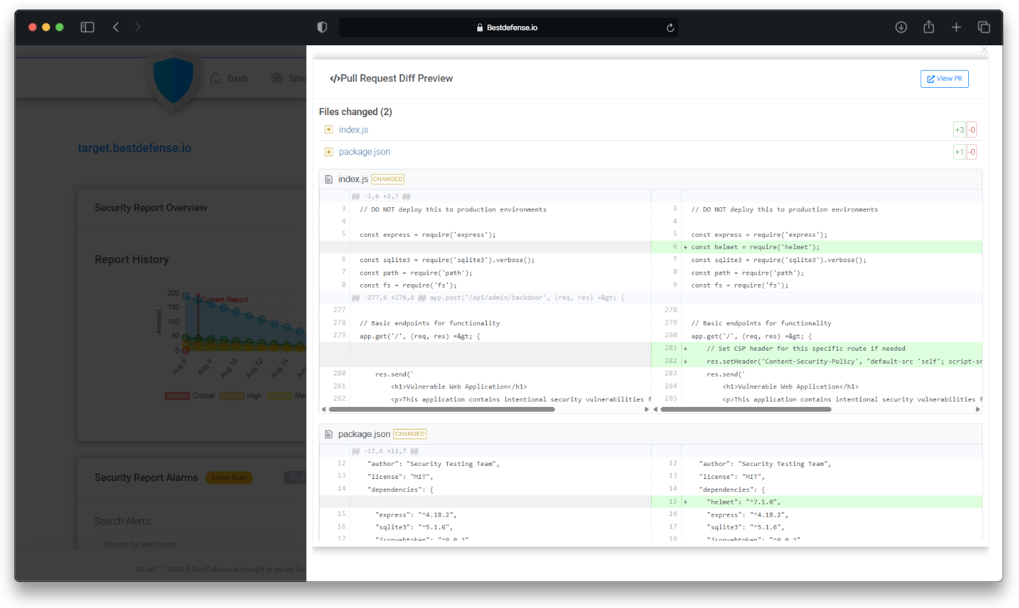 BestDefense remediation workflow showing GitHub pull request review with automated security fix suggestions