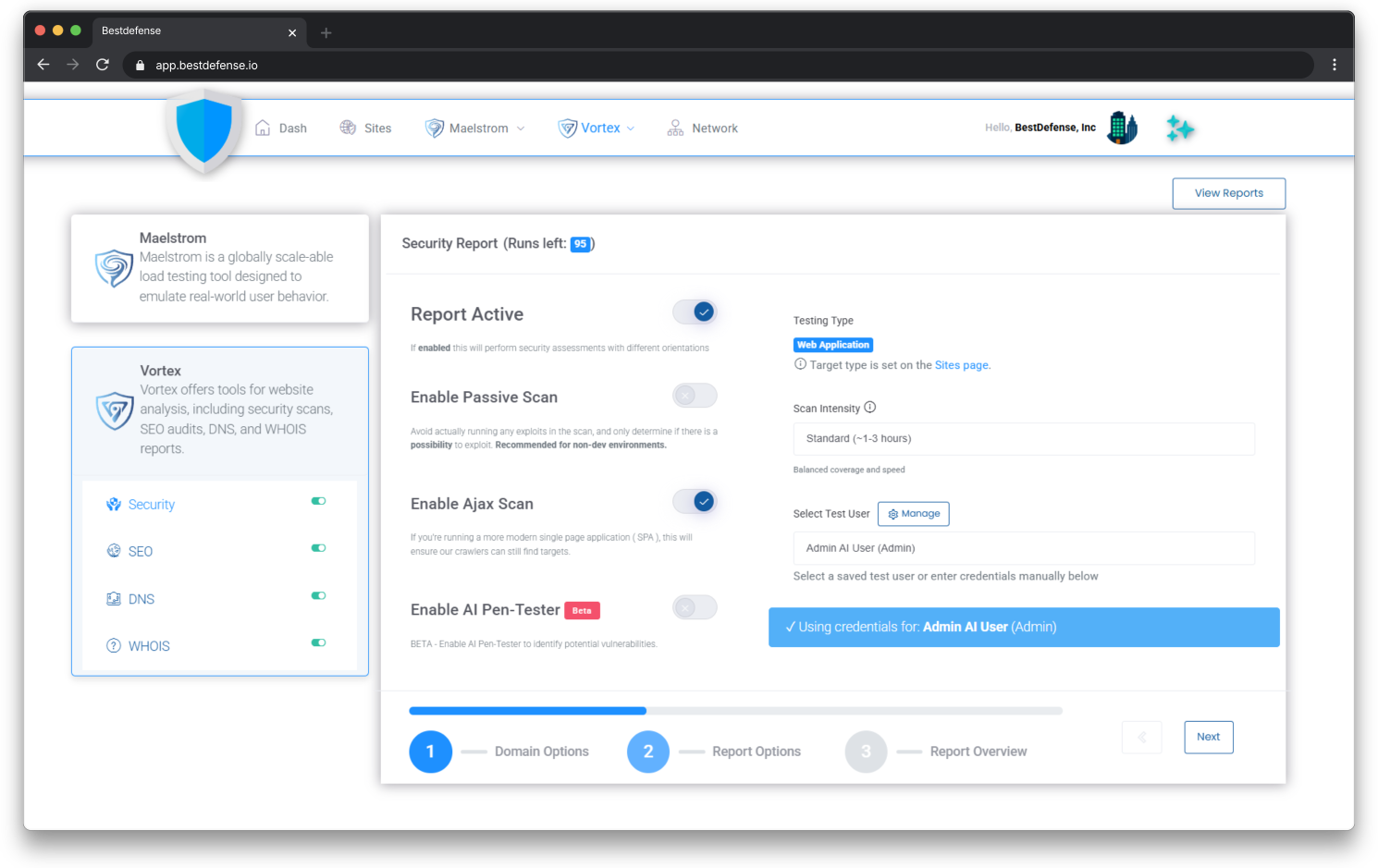 BestDefense platform interface showing automated penetration test execution and real-time vulnerability discovery