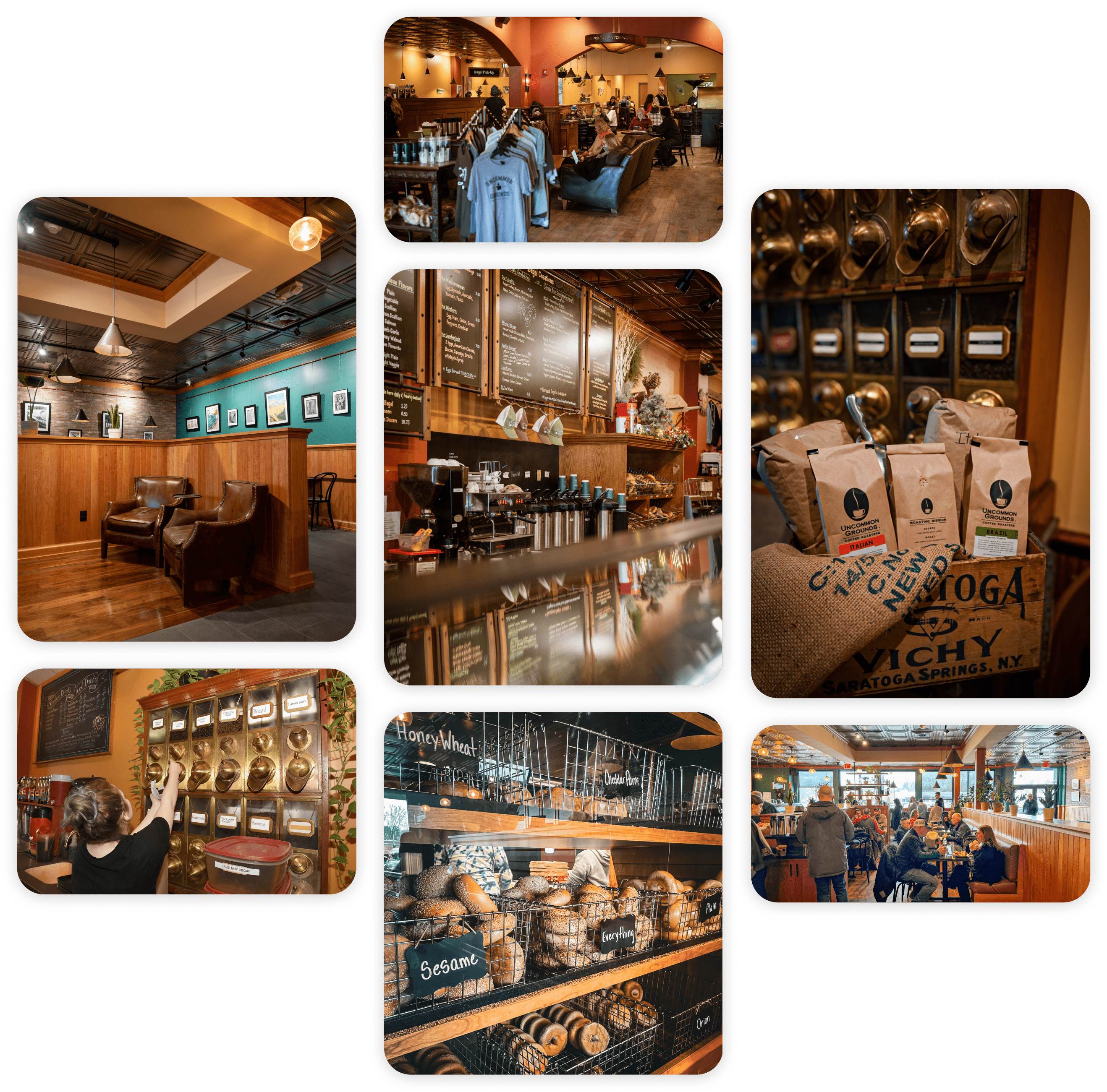 a collage of cafes
