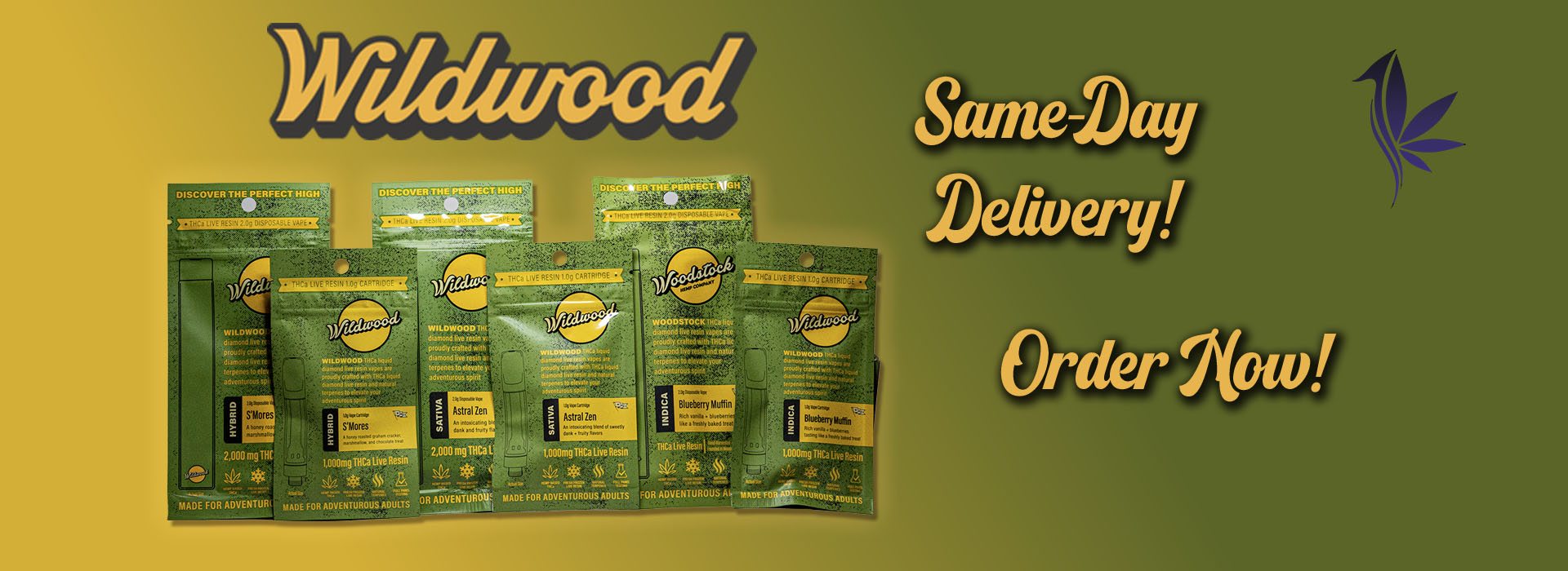 Wildwoods THCa vape devices on yellow-green gradient banner with same-day delivery text.