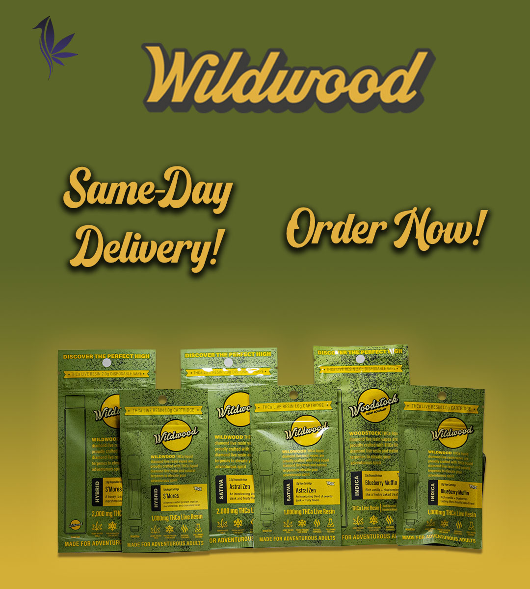 Wildwoods THCa vape devices on yellow-green gradient banner with same-day delivery text.