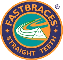 Logo for Fastbraces featuring a smiling triangle with straight teeth inside a circular design.