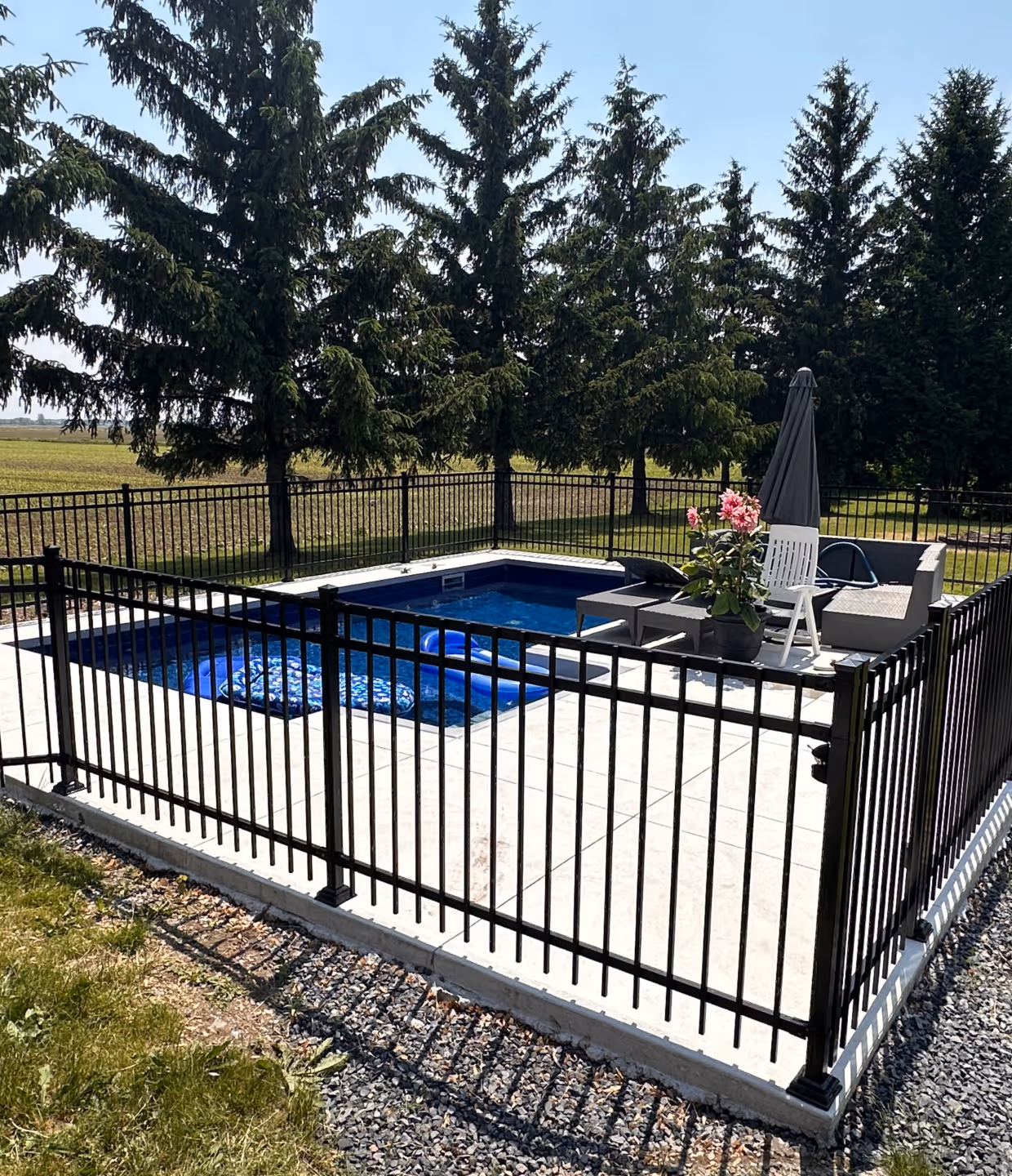 Piscine creusée avec un patio, entourée d'une clôture ornementale noire dans une cour avec des arbres en arrière-plan.