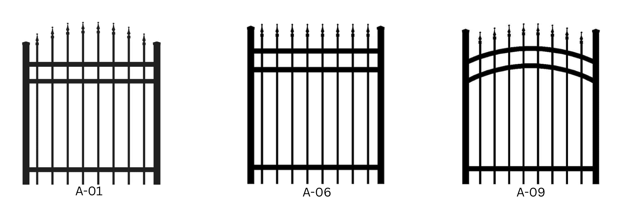 Graphique de trois modèles de portes simples ornementales noires, collection Cartier (A), modèles A-01, A-06 et A-09, sur un fond blanc.