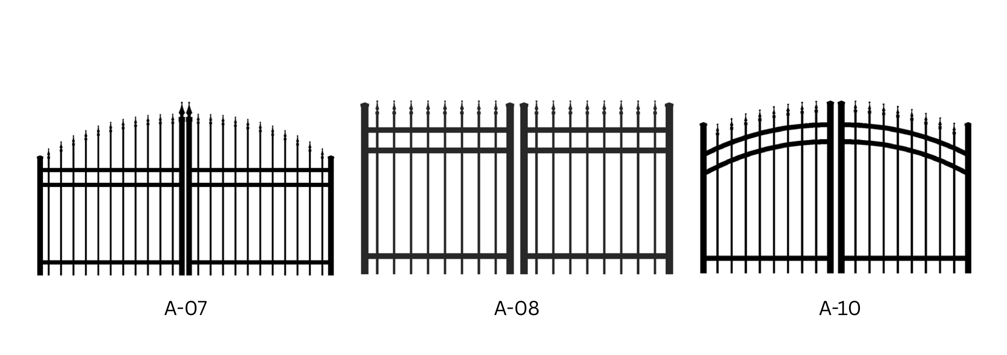 Graphique de trois modèles de portes doubles ornementales noires, collection Cartier (A), modèles A-07, A-08 et A-10, sur un fond blanc.