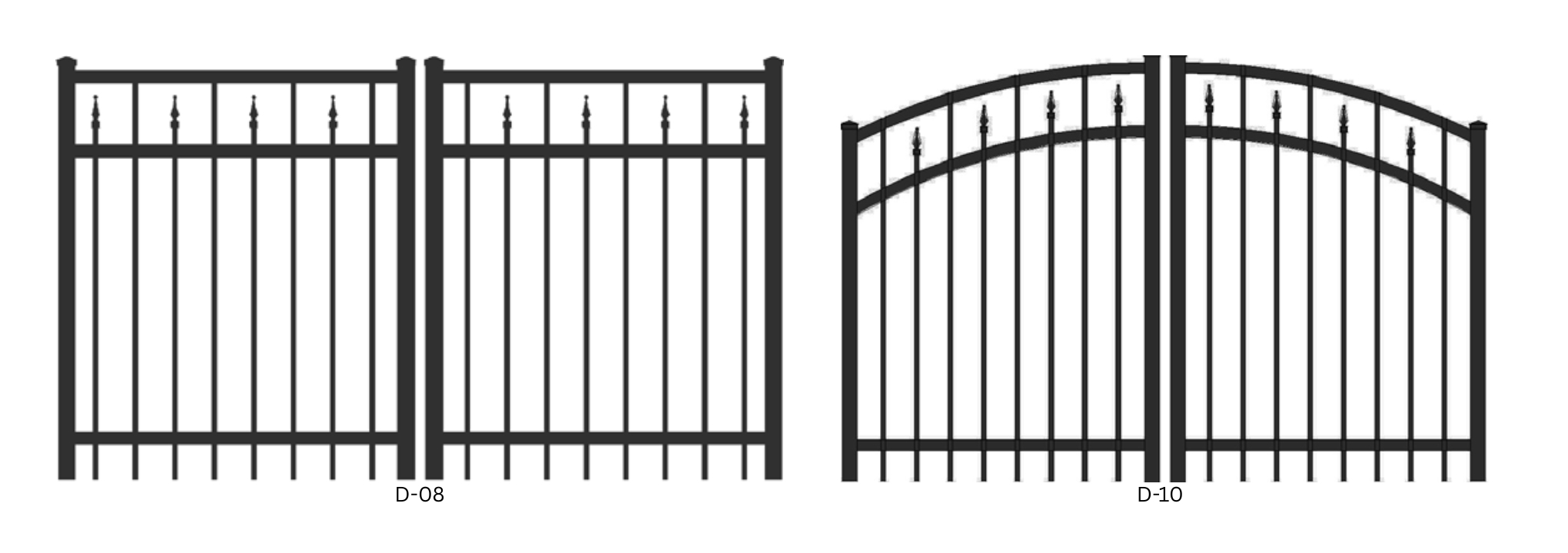 Graphique de deux modèles de portes doubles ornementales noires, collection Darwin (D), modèles D-08 et D-10, sur un fond blanc.