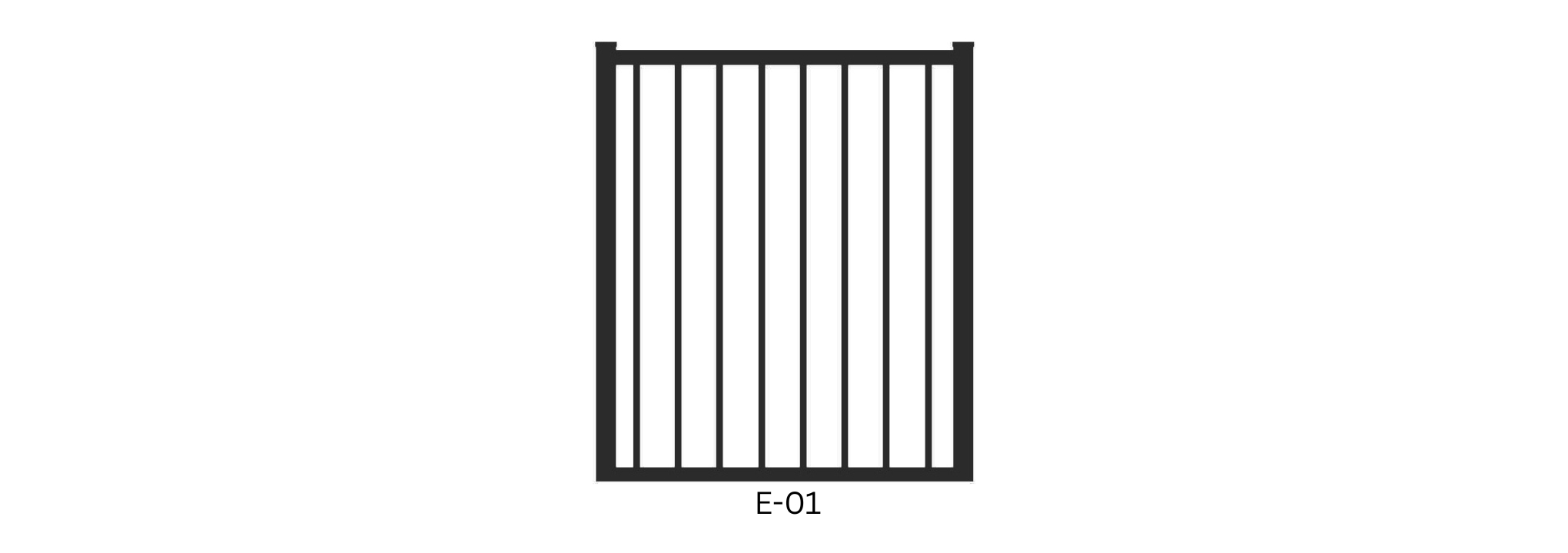 Graphique d'un modèle de porte simple ornementale noire, collection Eiffel (E), modèle E-01, sur un fond blanc.