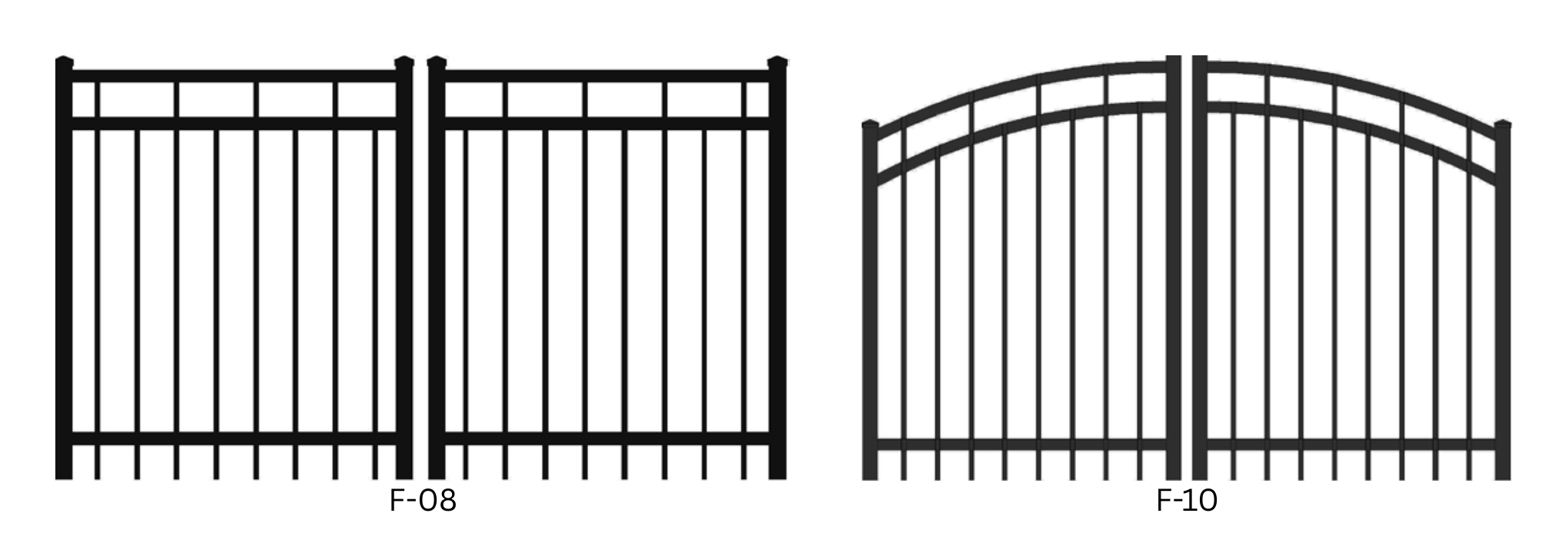 Graphique de deux modèles de portes doubles ornementales noires, collection Faubourg (F), modèles F-08 et F-10, sur un fond blanc.