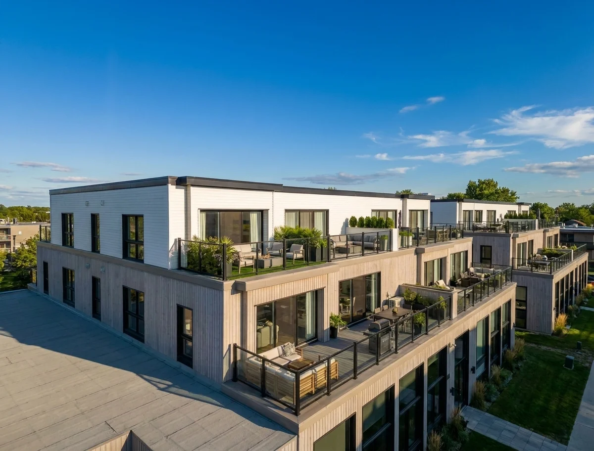 Modern multi-level apartment building with spacious balconies and rooftop terraces under a clear blue sky.
