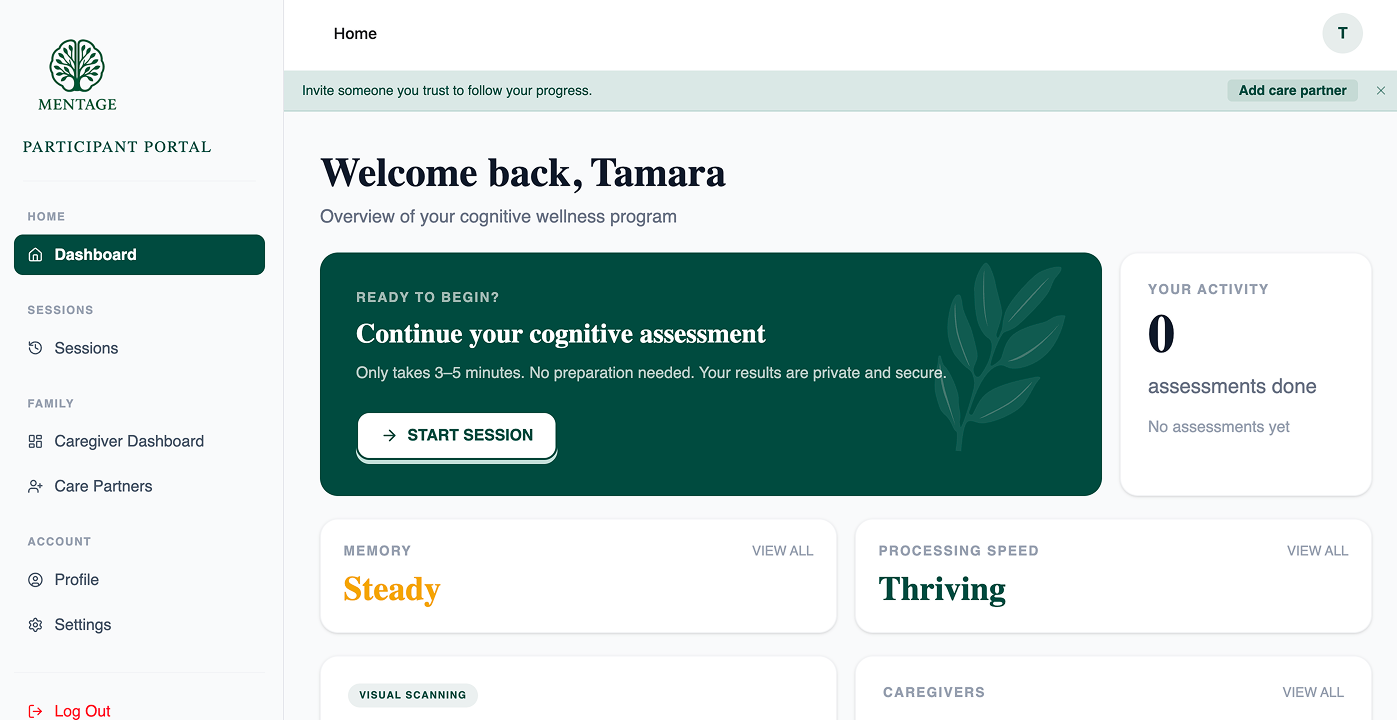 Dashboard screen of cognitive wellness portal welcoming user Tamara with assessment status and navigation menu.