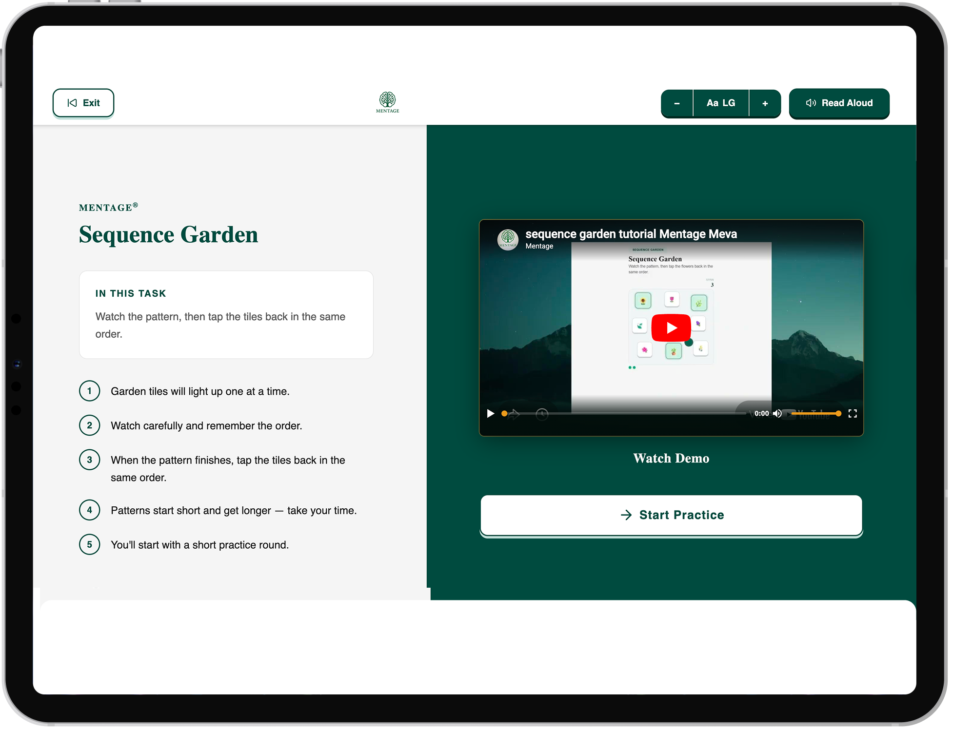 Sequence Garden activity screen on a tablet