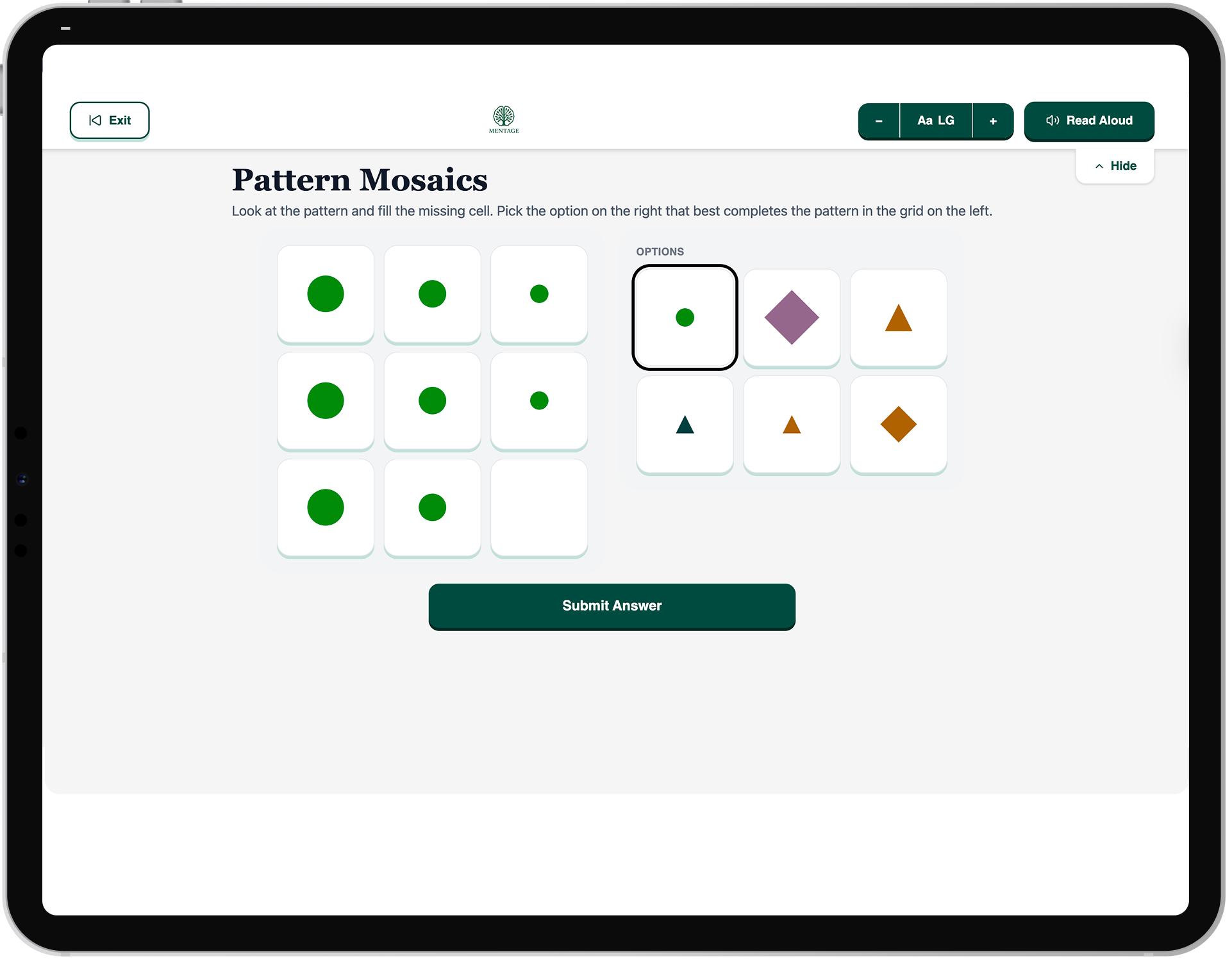 Pattern Mosaics activity screen on a tablet