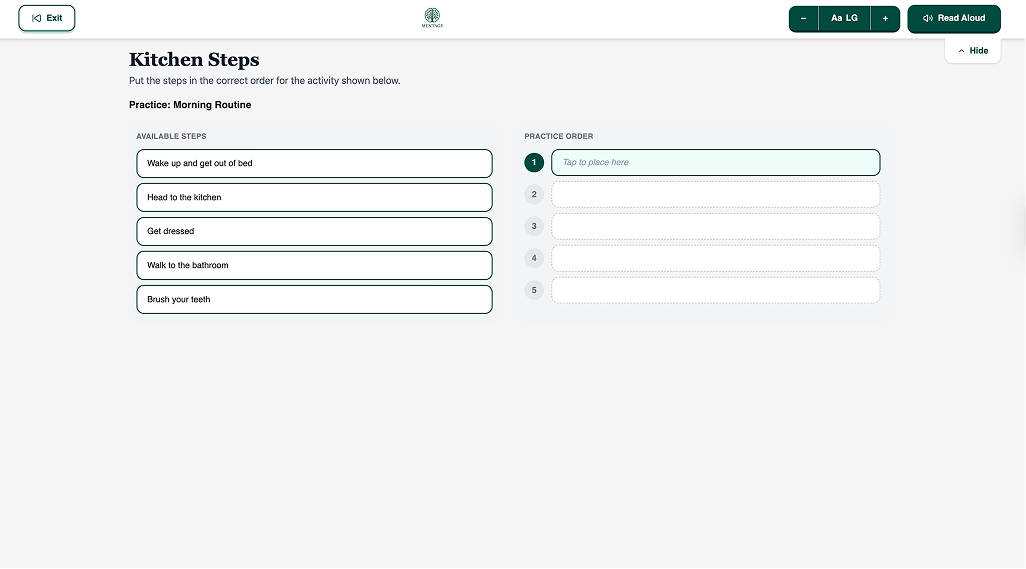MEVA task screen showing a real-world sequencing activity