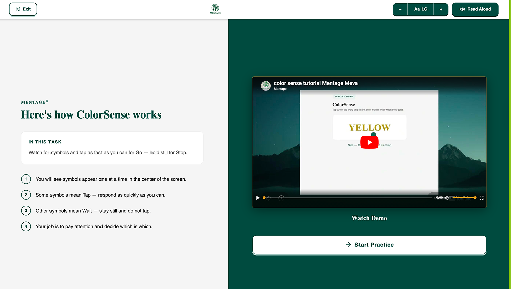 MEVA tutorial screen explaining how a cognitive task works