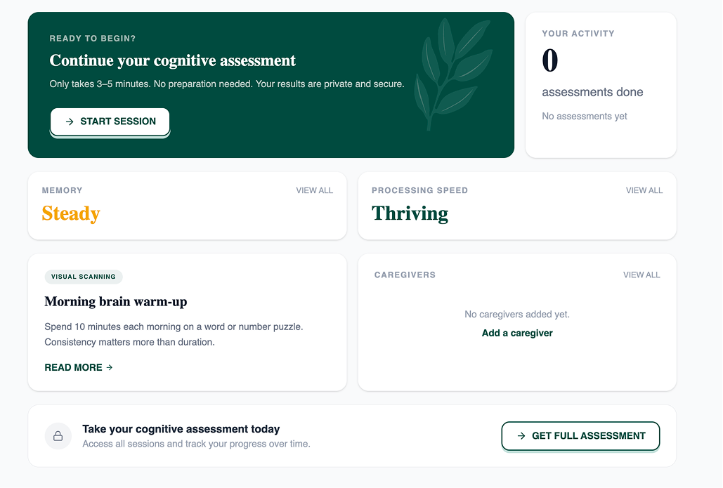 MEVA participant dashboard showing cognitive assessment activity