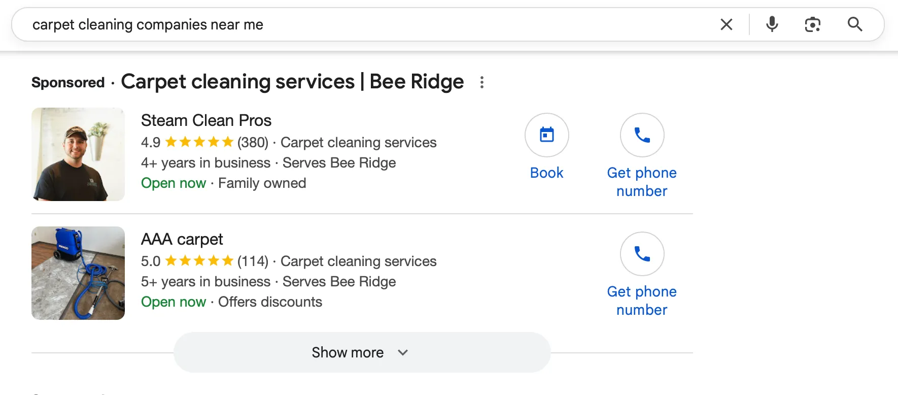 Google search results for carpet cleaning companies near me