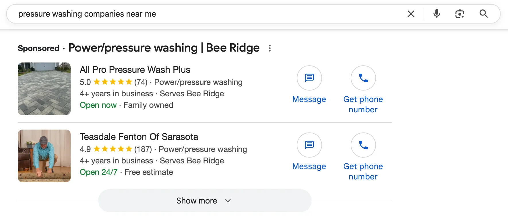 Google search results page for pressure washing companies