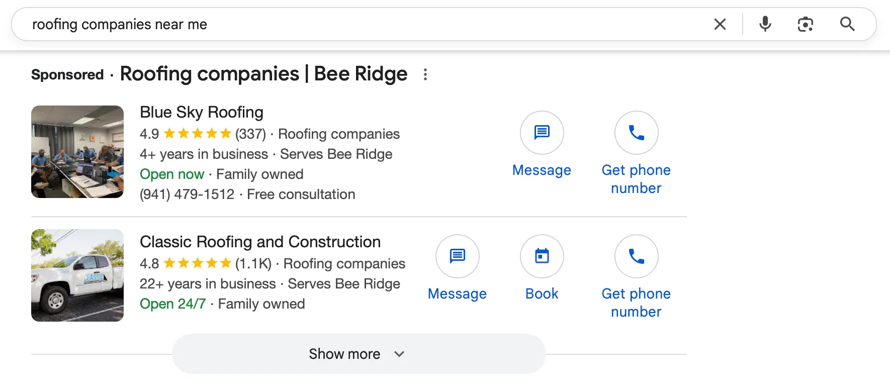 Google search results for roofing companies near