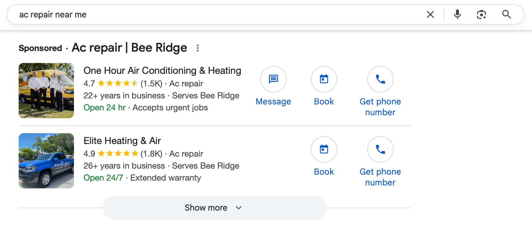Google search results for AC repair near me
