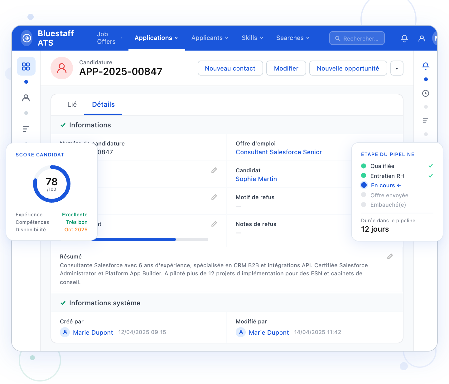 Interface de BlueStaff pour suivre les candidatures