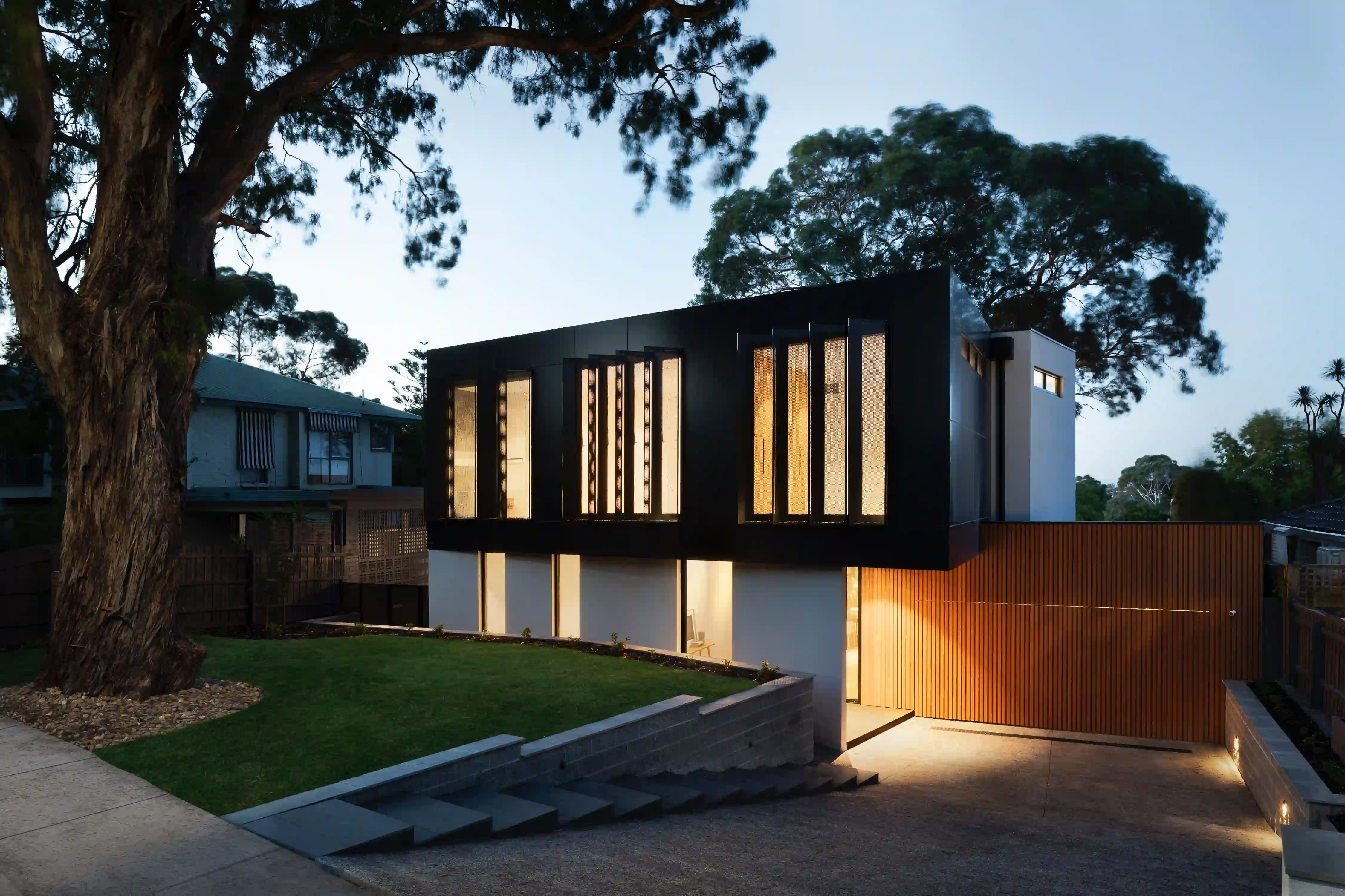 Modern luxury house exterior with black facade, vertical windows, and warm wood accents