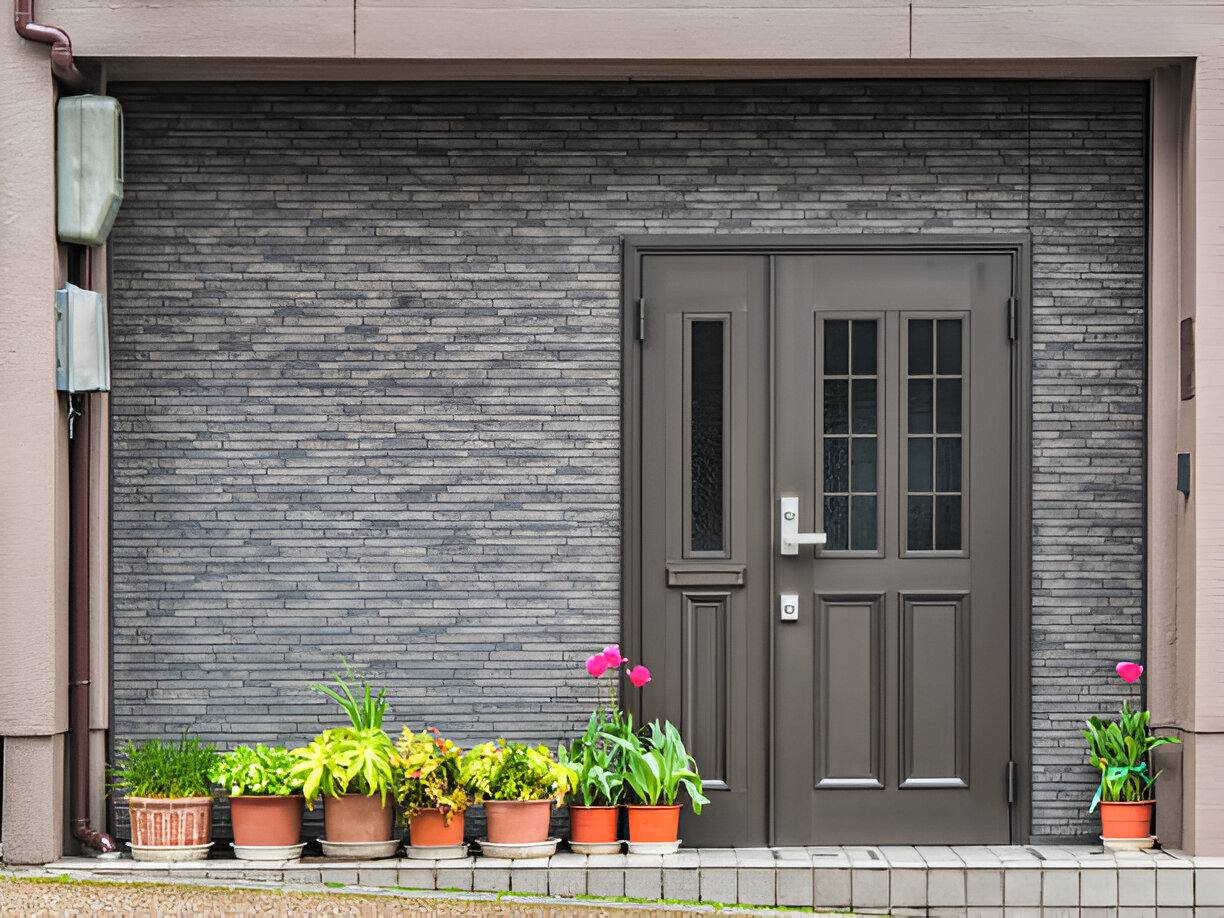 Modern double wooden entrance door with exterior plants and stone facade
