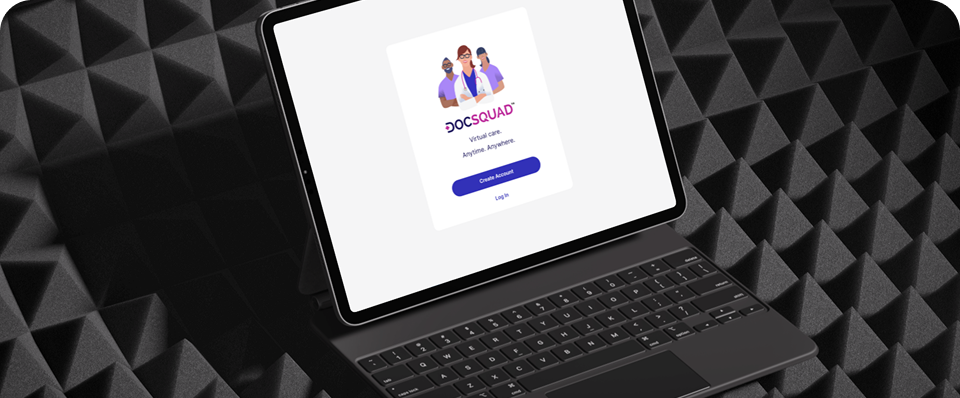 DeocSquad app on laptop screen. Three illustrated providers smiling and a login button.
