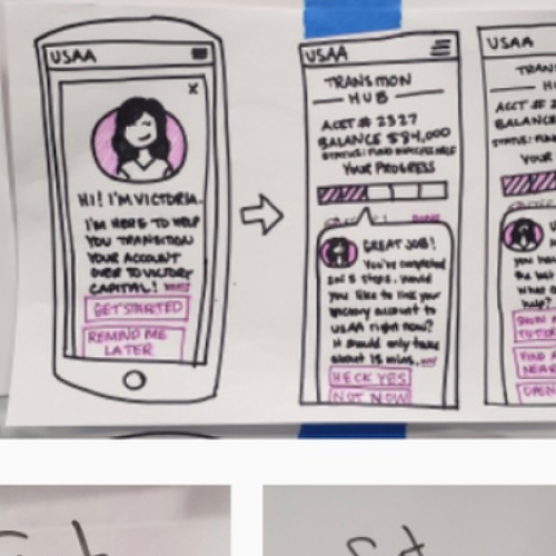 Hand-drawn storyboard showing a mobile app interface for USAA with a character introducing a service to help transition an account, followed by a progress screen with steps completed and options to check balance.