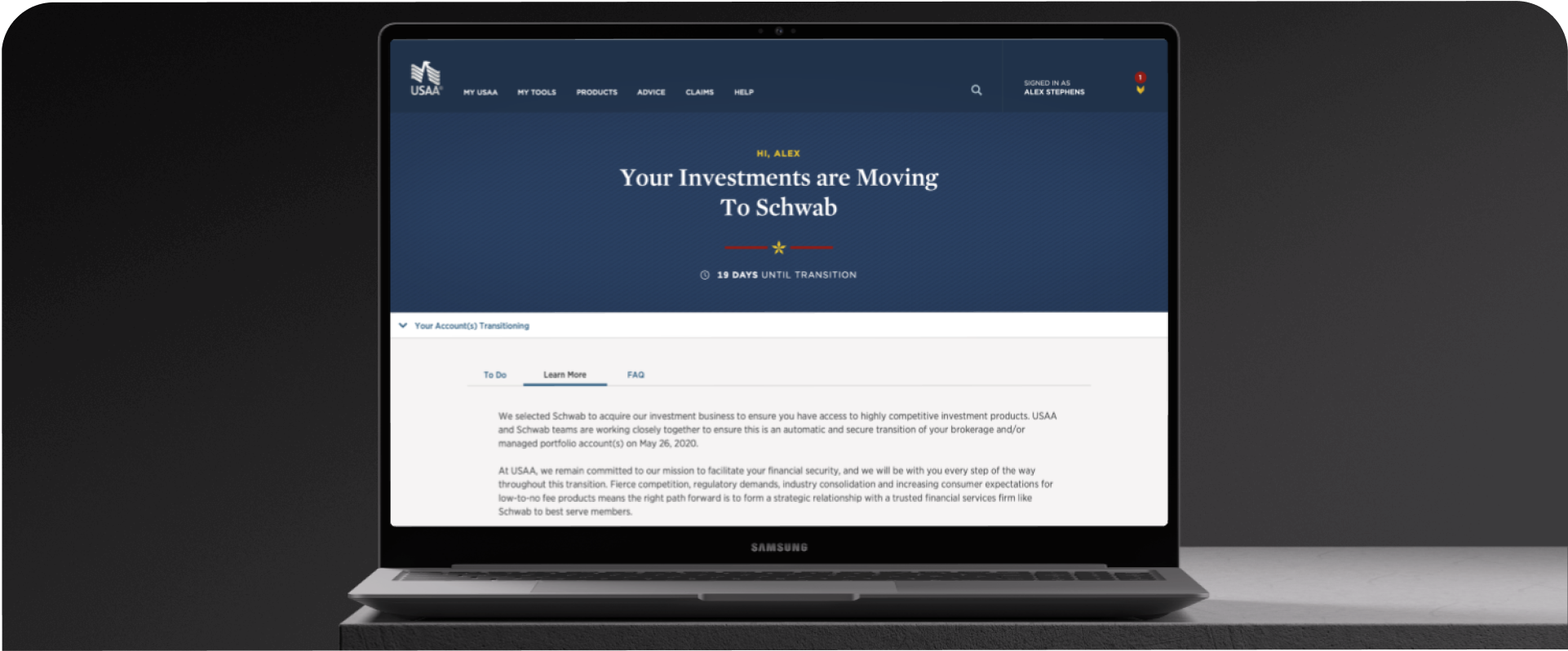 Laptop screen showing USAA online dashboard with message: Your Investments are Moving To Schwab, signed in as Alex Stephens.