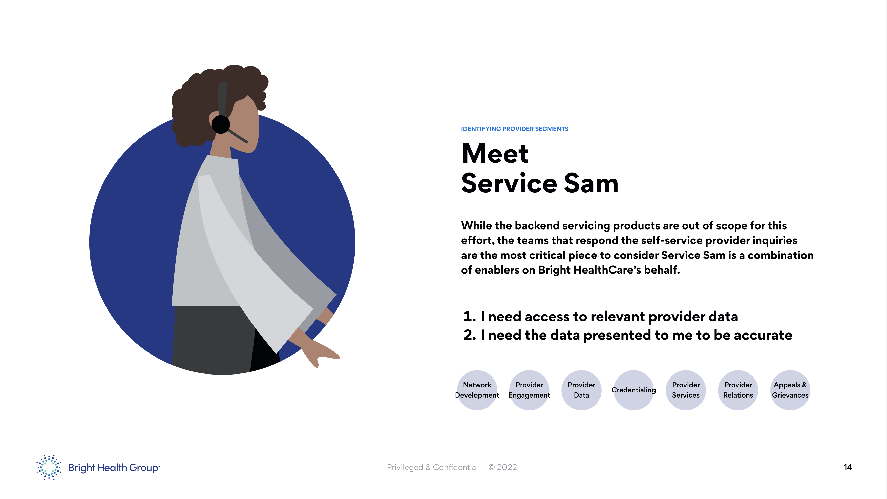 Illustration of a person with curly hair wearing a headset next to text about Service Sam, outlining provider segment needs including access to accurate provider data and related service areas.