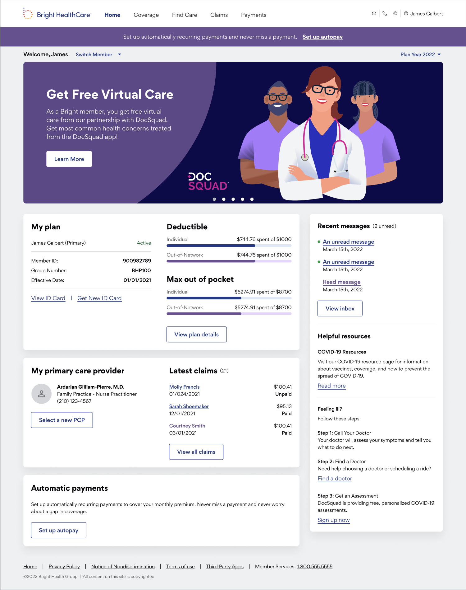 Bright HealthCare member dashboard showing virtual care promotion with three illustrated healthcare providers, plan details including deductible and max out-of-pocket amounts, primary care provider info, recent claims, unread messages, COVID-19 resources, and options for automatic payments.