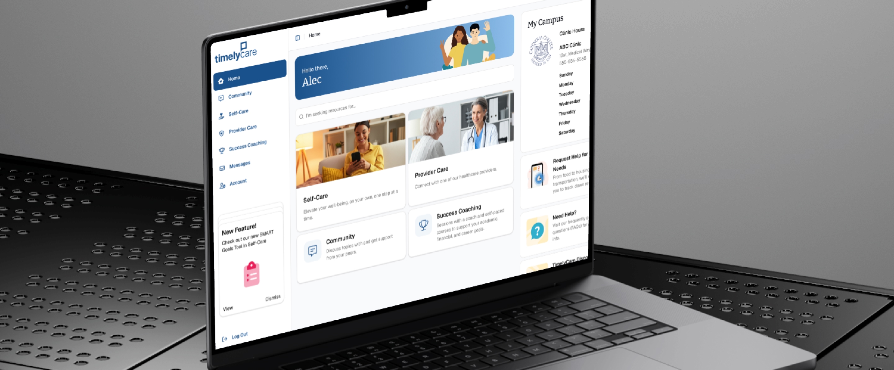 Laptop displaying TimelyCare user dashboard with options for Self-Care, Provider Care, Community, and Success Coaching.