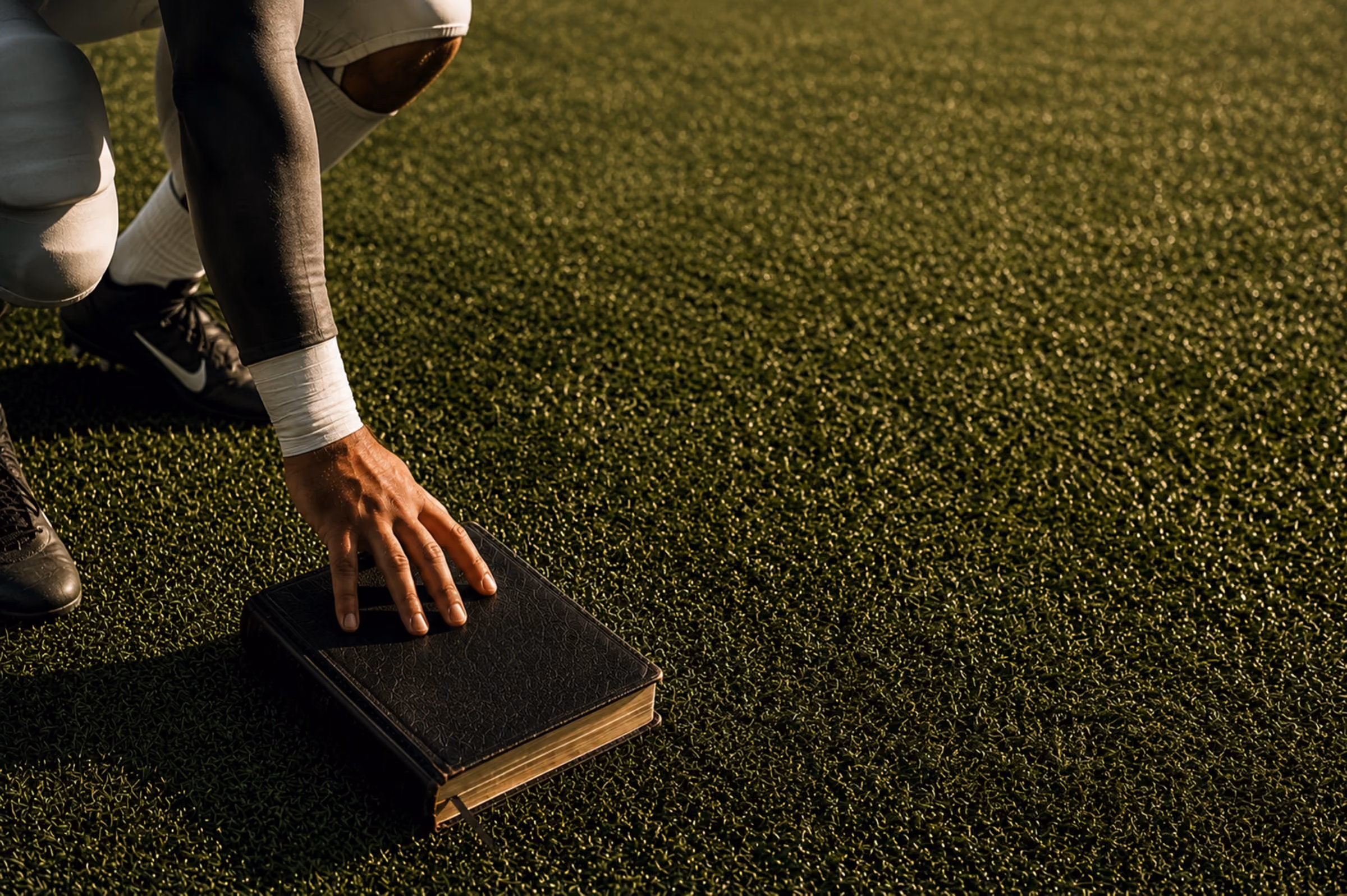 A hand rests on a Bible on the turf beside an athlete in a three-point stance