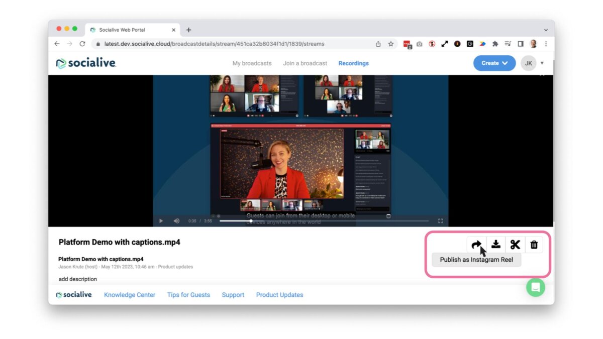 Screenshot showing how users can publish directly to Instagram Reels from Socialive