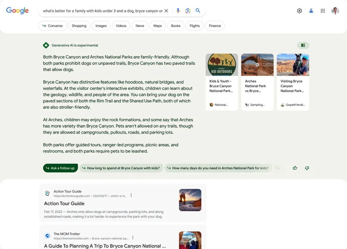 Screenshot of Google's AI-powered Search Generative Experience, unveiled at Google I/O