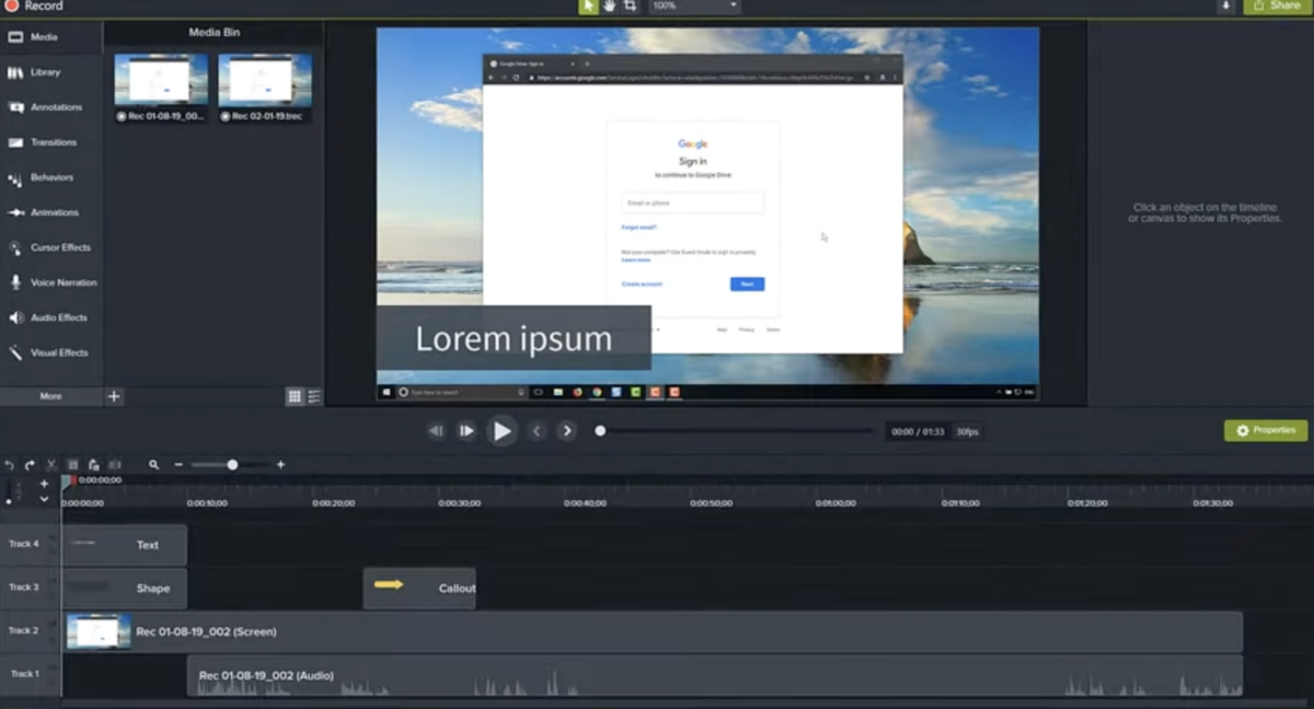 Camtasia user interface
