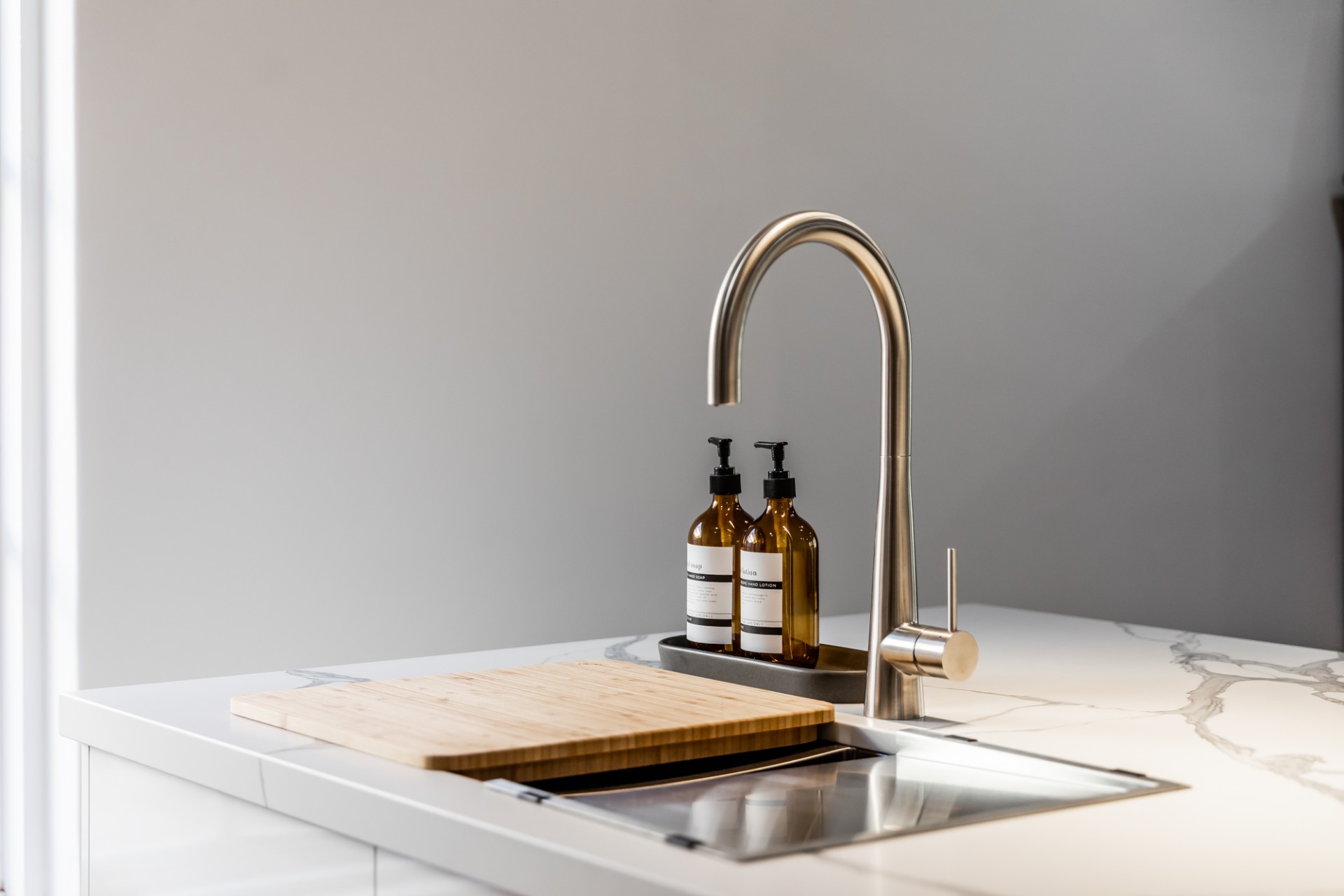 Fisher St, Norwood, kitchen sink with brushed brass gooseneck tap