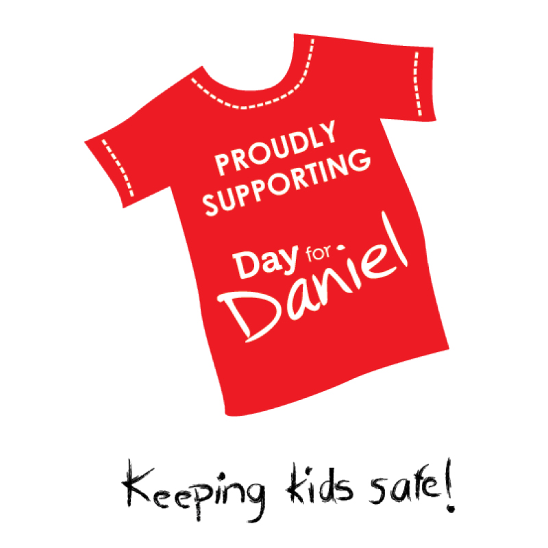Red T-shirt graphic with text 'Proudly Supporting Day for Daniel' above the phrase 'Keeping kids safe!'