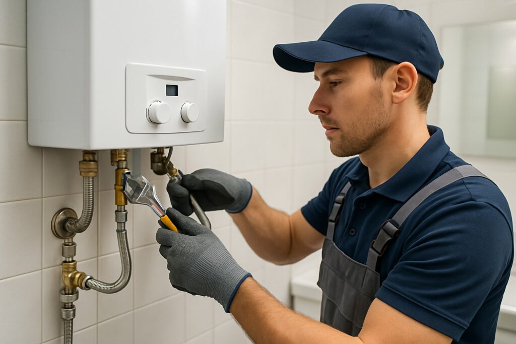 Técnico instalando um aquecedor a gás em um banheiro residencial.