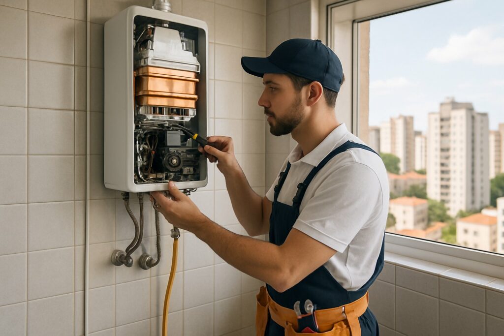 Técnico reparando um aquecedor a gás em um apartamento moderno em São Paulo.