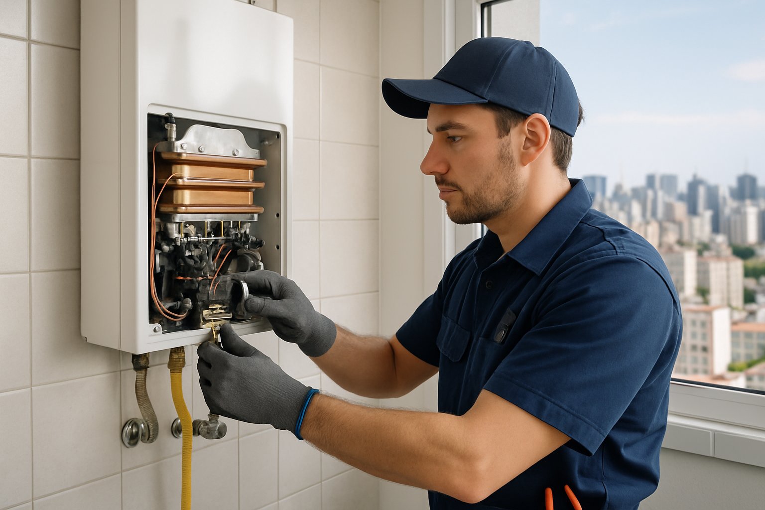Técnico consertando um aquecedor a gás em um apartamento em São Paulo.