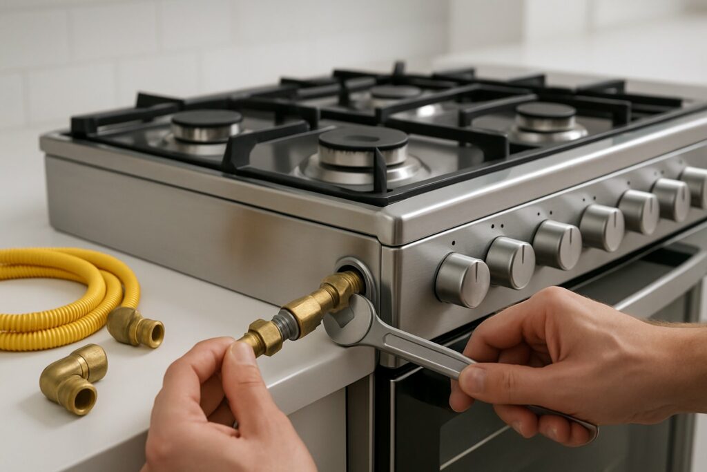Mãos de um técnico ajustando a conexão de gás em um fogão Venax em uma cozinha moderna.