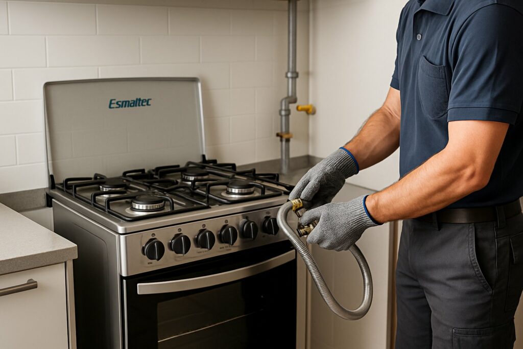 Técnico conectando mangueira de gás em fogão Esmaltec em cozinha moderna.