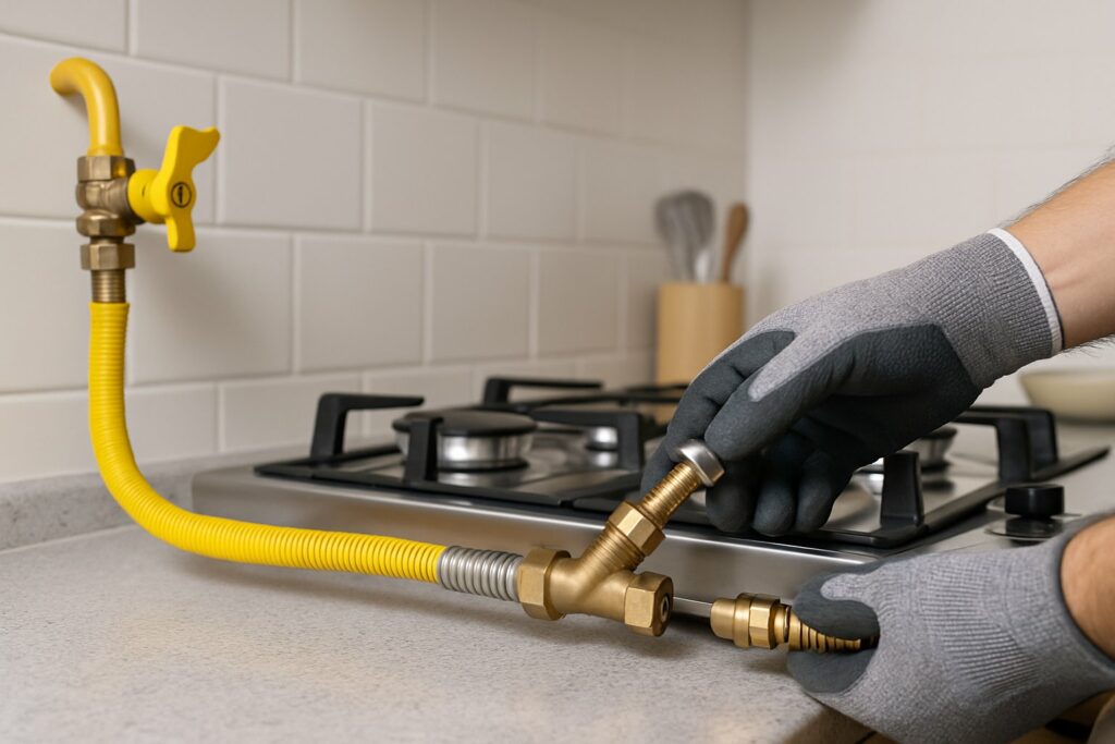 Técnico conectando mangueira de gás a um fogão Fischer em uma cozinha moderna.