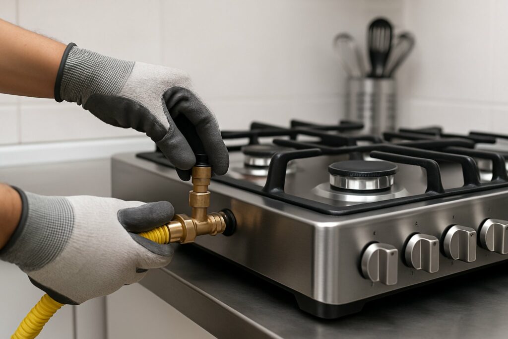 Técnico conectando uma mangueira de gás em um fogão Mueller em uma cozinha moderna.