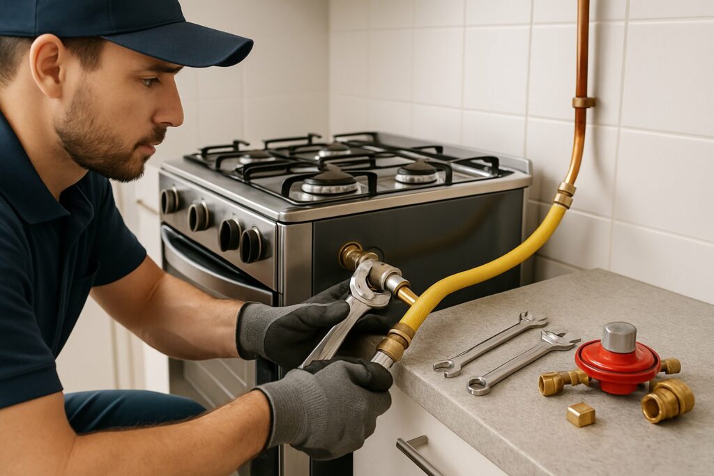 Técnico conectando mangueira de gás encanado em fogão Atlas em cozinha moderna.